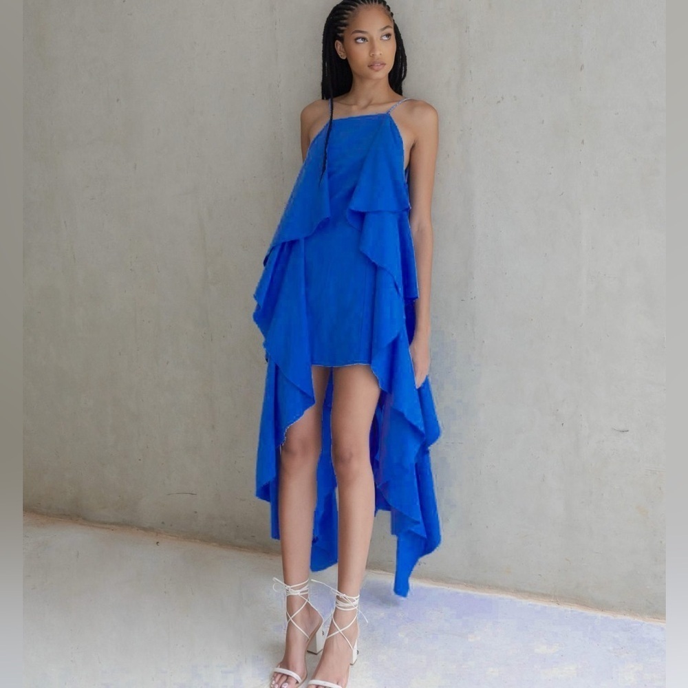 NWT Tisse Brazilian Sz L Royal Blue Mini Dress With Draped Ruffles Boho Grunge - Picture 4 of 16